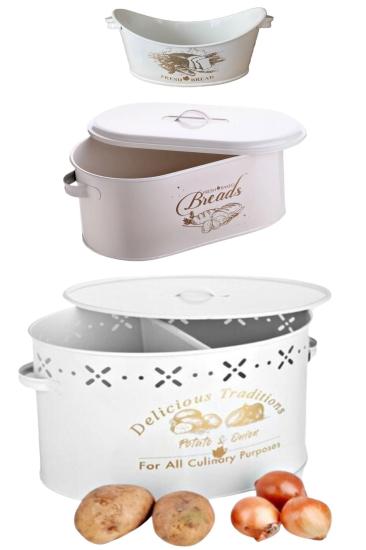 3’lü Set Metal Kapaklı Ekmeklik Patates Soğanlık Ve Sofra Ekmeklik Beyaz